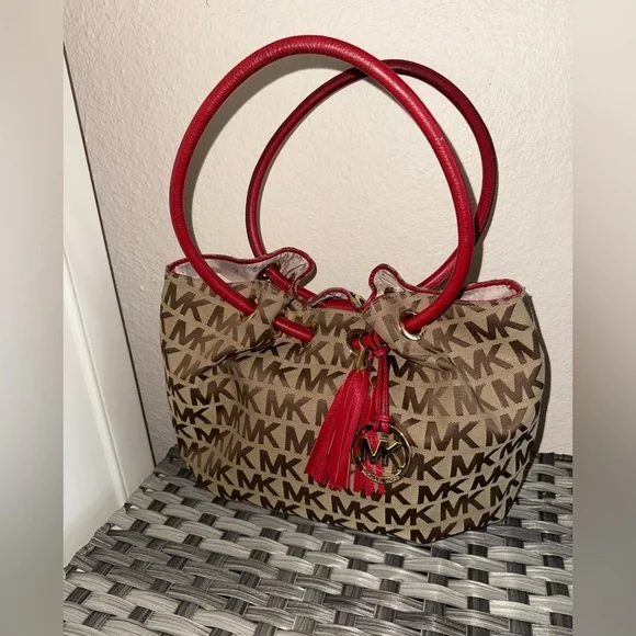 Michael Kors MK Logo Canvas Tote Bag Brown Red Leather Handles Tassel Purse - Picture 15 of 17